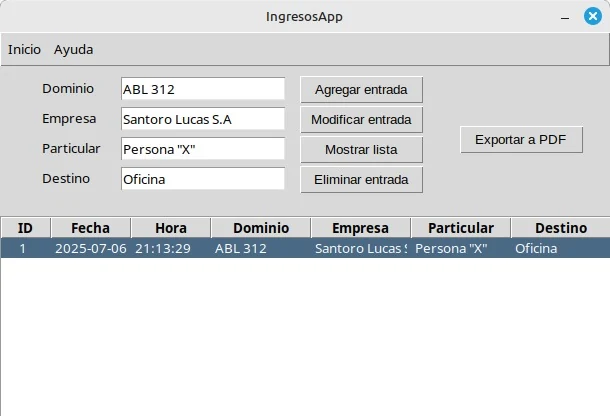 Formulario de IngresosApp con dominio, empresa, particular y destino completos, y el ingreso agregado a la lista