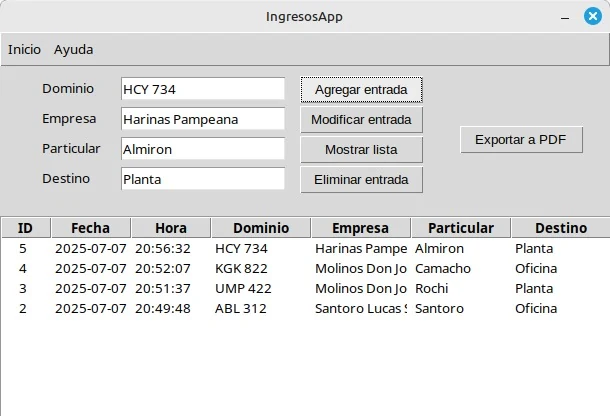 Lista de ingresos en IngresosApp con cinco registros ordenados por fecha y hora