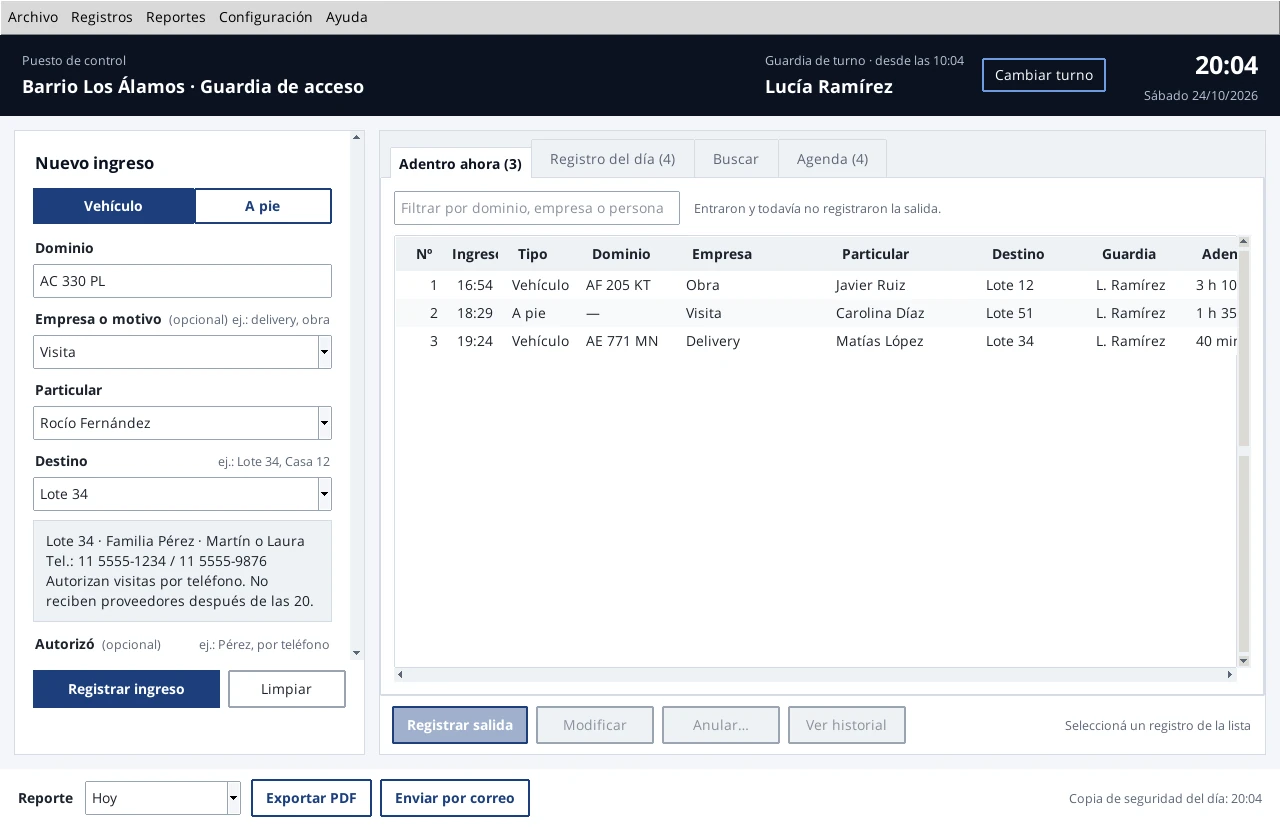 Ventana de IngresosApp con un ingreso en carga: dominio, motivo, persona y destino, y debajo la ficha del lote con los teléfonos de la familia